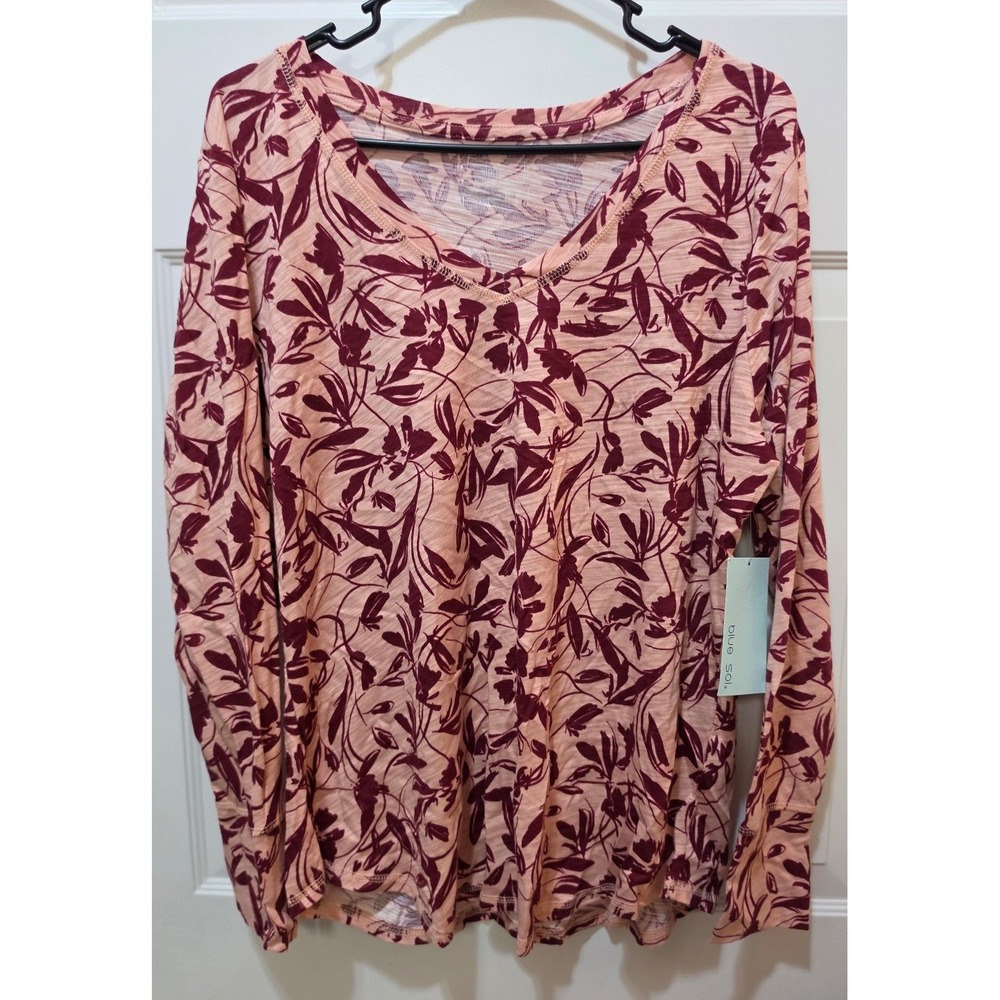 Blue Sol Womens XL V-Neck Long Sleeve Top Pink Burgundy Floral Print Slub Knit